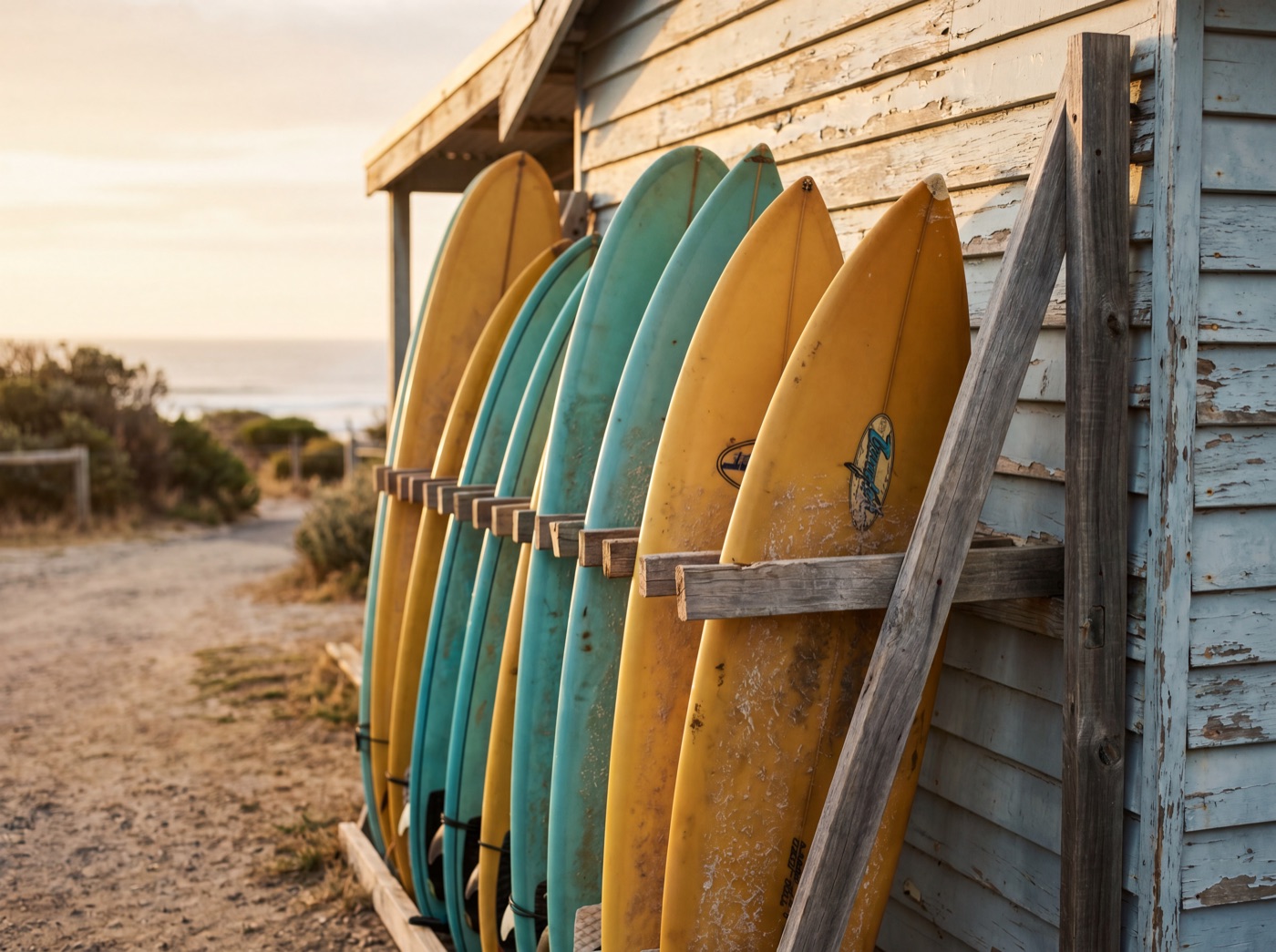 Retro surfboard rack at the Angourie Surf Co. hire shed, longboards and fish stacked in warm afternoon light